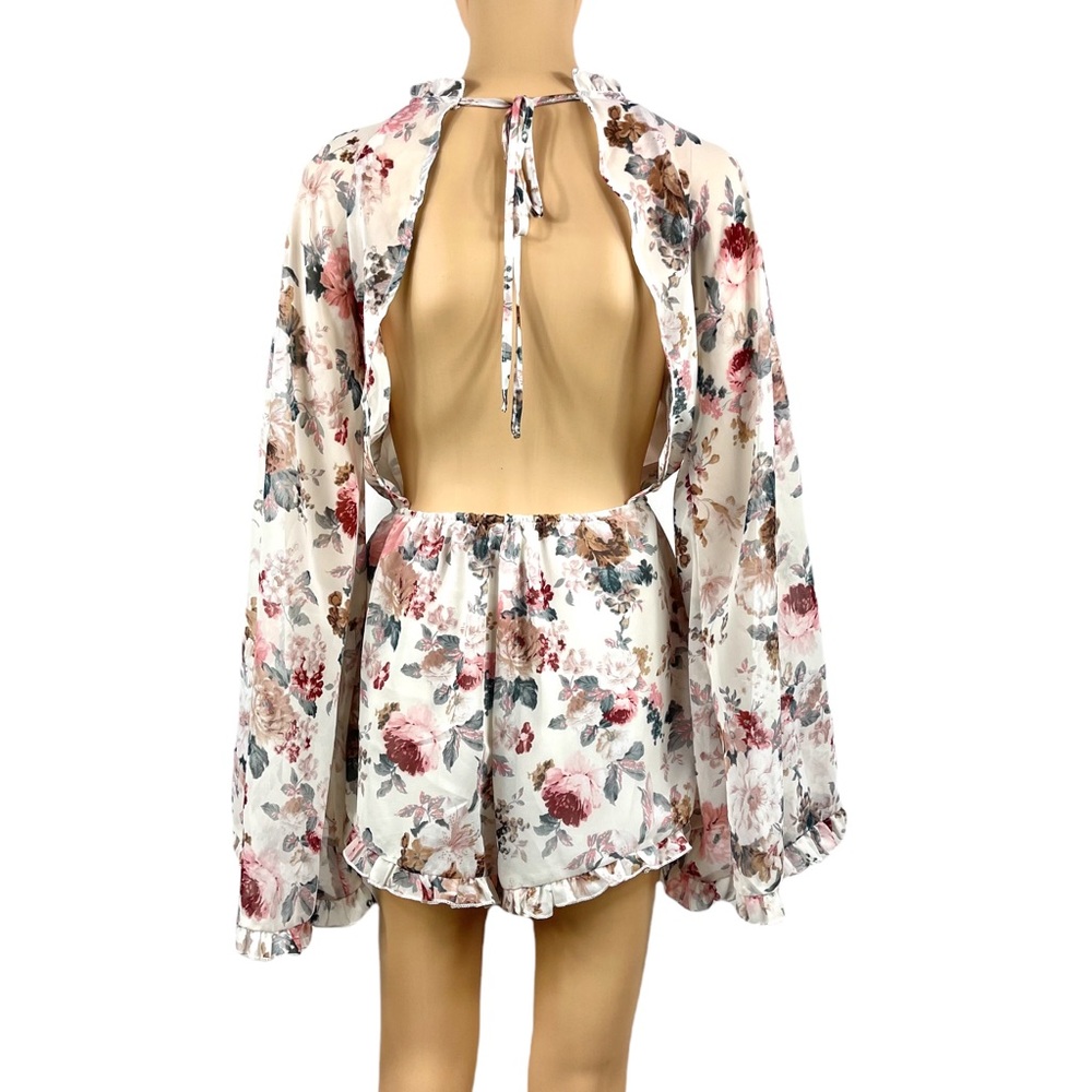 Romwe Floral Chiffon Ruffle Long Bell Sleeve High Neck Open Back Loose Romper XS - Picture 4 of 7